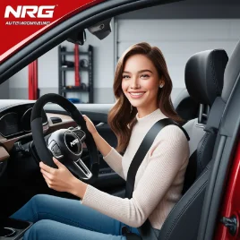 a girl Installing and adjusting high-quality NRG steering wheel