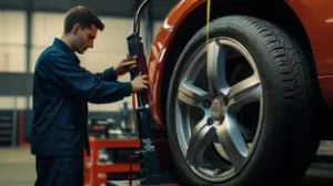 mechanic adjusting car wheel alignment using professional equipment ensuring proper steering alignment and vehicle safety in workshop