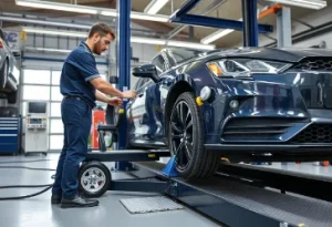 mechanic performing wheel alignment and steering alignment on a car using advanced equipment in a modern auto repair workshop