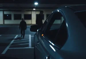 parked car with steering wheel lock in dimly lit parking garage with two shadowy figures in the background representing vehicle security