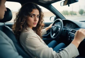  girl adjusting BMW steering wheel height and tilt seated in driver's seat dashboard and controls visible inside BMW car