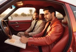 Two Boy sitting in the driver's seat of a car, One boy is reading the owner's manual