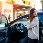 girl outside Long Beach auto garage checking steering wheel concerned about steering wheel column repair Long Beach CA day light