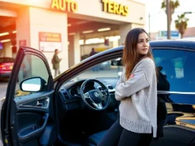 girl outside Long Beach auto garage checking steering wheel concerned about steering wheel column repair Long Beach CA day light