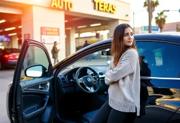 girl outside Long Beach auto garage checking steering wheel concerned about steering wheel column repair Long Beach CA day light