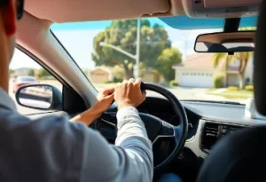 Creat real image of a well-maintained car being driven smoothly on a sunny day through a suburban street in Long Beach, CA. The focus is on the driver's hands confidently gripping the steering wheel, with a clear view of the road ahead. The background shows well-kept houses and trees, symbolizing a safe and comfortable driving experience. The image should give a sense of peace and reliability, reflecting the benefits of regular steering column maintenance