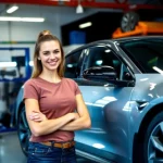 young woman smiling confidently next to a modern car in an automotive workshop promoting proper wheel alignment and steering alignment