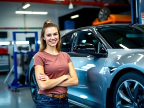 young woman smiling confidently next to a modern car in an automotive workshop promoting proper wheel alignment and steering alignment