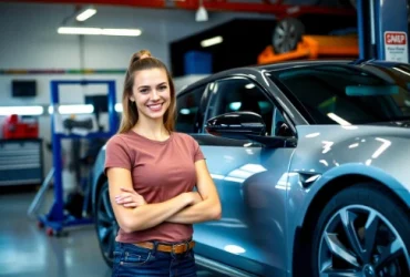 young woman smiling confidently next to a modern car in an automotive workshop promoting proper wheel alignment and steering alignment