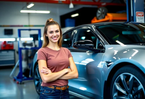 young woman smiling confidently next to a modern car in an automotive workshop promoting proper wheel alignment and steering alignment