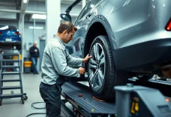 mechanic adjusting car's wheel alignment and steering alignment on a lift using precision tools in a professional automotive workshop