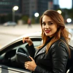 a young woman confidently holding a steering wheel club beside her car, symbolizing vehicle security