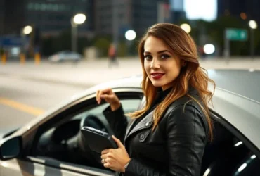 a young woman confidently holding a steering wheel club beside her car, symbolizing vehicle security