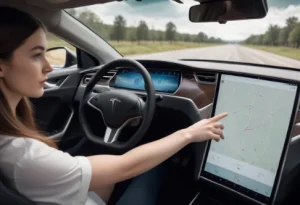 Tesla steering wheel in use with driver's hands on wheel touchscreen controls visible dashboard showing Autopilot active