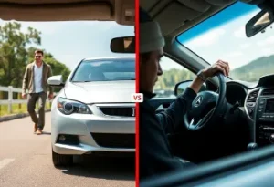  split-screen image comparing a car with steering wheel lock installed and a car without lock highlighting benefits of using security lock to prevent theft