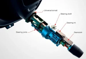 Detailed view of a vehicle’s steering wheel column showing internal components including the steering shaft, joints, gears, and universal joint.