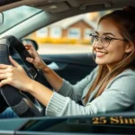 young woman smiling while driving car holding a stylish steering wheel cover adding comfort and luxury to her vehicle interior