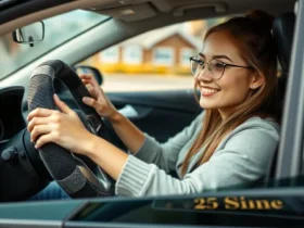 young woman smiling while driving car holding a stylish steering wheel cover adding comfort and luxury to her vehicle interior