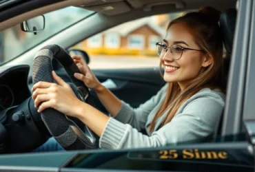 young woman smiling while driving car holding a stylish steering wheel cover adding comfort and luxury to her vehicle interior