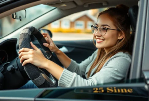 young woman smiling while driving car holding a stylish steering wheel cover adding comfort and luxury to her vehicle interior