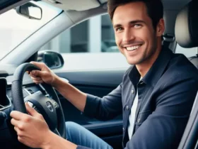 smiling man holding leather steering wheel in clean car interior conveying confidence and satisfaction