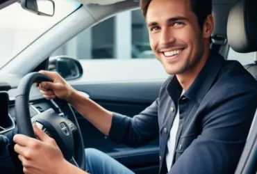 smiling man holding leather steering wheel in clean car interior conveying confidence and satisfaction