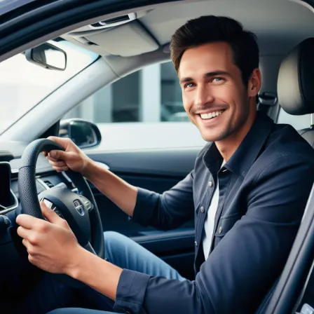 smiling man holding leather steering wheel in clean car interior conveying confidence and satisfaction