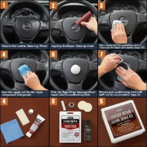 step-by-step guide for leather steering wheel repair using DIY leather repair kit showing cleaning applying repair compound conditioning and buffing 