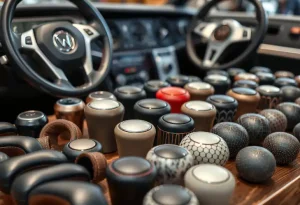 variety of steering wheel knobs with aftermarket covers LSI custom designs leather rubber colorful materials arranged for personalization choices