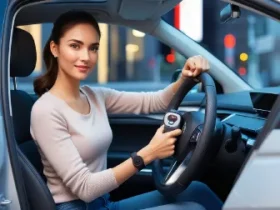 woman securing her car with steering wheel lock in a bright city setting showing modern vehicle security features focused and confident