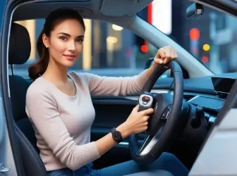 woman securing her car with steering wheel lock in a bright city setting showing modern vehicle security features focused and confident