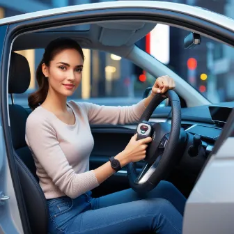 woman securing her car with steering wheel lock in a bright city setting showing modern vehicle security features focused and confident