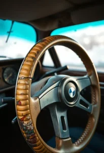 worn-out steering wheel with visible fading cracks and peeling material due to sun exposure and heavy use highlighting the need for a steering wheel cover