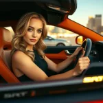 young woman confidently holding SRT steering wheel in high-performance car showing premium design focus on driver vehicle connection