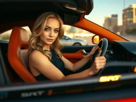 young woman confidently holding SRT steering wheel in high-performance car showing premium design focus on driver vehicle connection