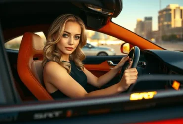 young woman confidently holding SRT steering wheel in high-performance car showing premium design focus on driver vehicle connection