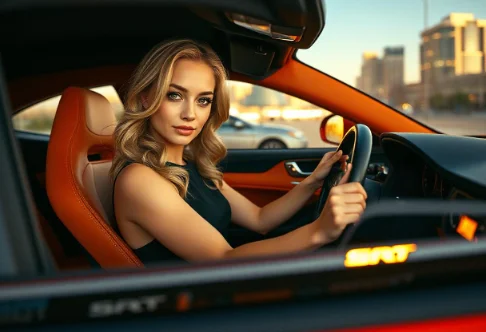 young woman confidently holding SRT steering wheel in high-performance car showing premium design focus on driver vehicle connection