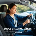 young woman in car, thinking the causes , solutions and prevention of loose steering wheel