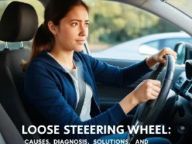 young woman in car, thinking the causes , solutions and prevention of loose steering wheel