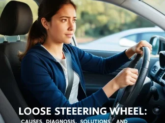 young woman in car, thinking the causes , solutions and prevention of loose steering wheel