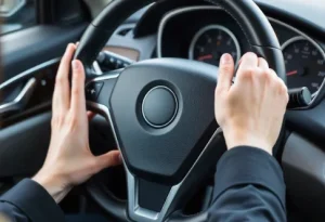 Close-up of hands installing a heated steering wheel cover on a car's steering wheel