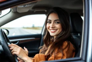 A young beautiful girl sitting in a car, holding a black leather steering wheel cover, representing the luxury and comfort highlighted in a buying guide.