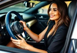 A woman holding the steering wheel in a Mercedes Benz C300 with a blue and white leather cover showing the luxurious