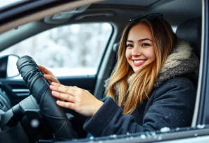 A young girl enjoying the warmth of a heated steering wheel cover in a car during winter