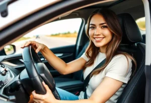 A young woman sitting in a car, holding a black leather steering wheel cover, representing the luxury and comfort highlighted in a buying guide. 