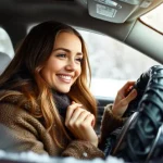 A young woman enjoying the warmth of a heated steering wheel cover in a car during winter