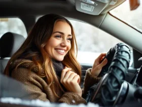 A young woman enjoying the warmth of a heated steering wheel cover in a car during winter