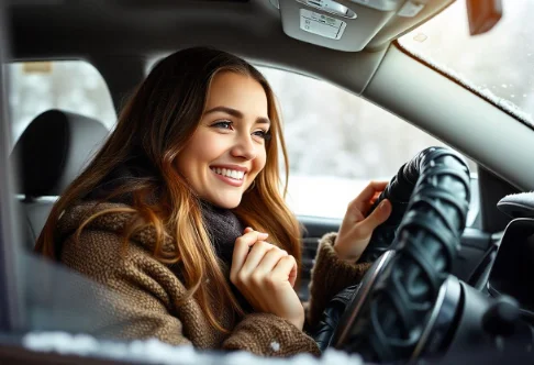 A young woman enjoying the warmth of a heated steering wheel cover in a car during winter