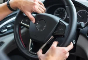 Close-up of hands installing a heated steering wheel cover on a car's steering wheel