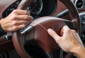 Hands stitching a leather steering wheel cover onto a steering wheel, showing the cross-stitching technique for a snug and secure fit.